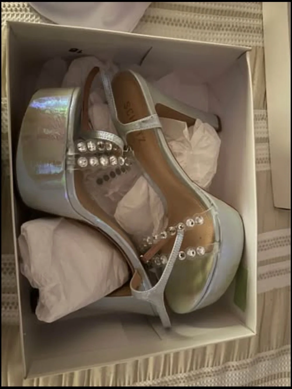 SCHUTZ Iridescent White Platform Sandals with Rhinestone Chain Straps
